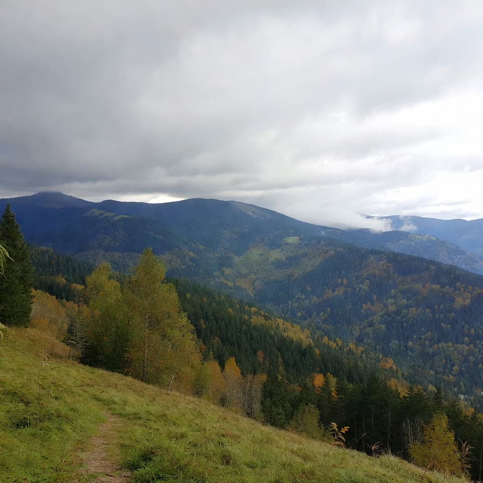 Beskidzkie szczyty z tradycyjnymi drewnianymi chatami i zielonymi łąkami